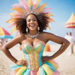 Adjust the previous image to enhance the aesthetic appeal: an African-American woman in a stunning carnival outfit, radiating joy and vibrancy against a soft pastel-hued background of the beach and the lively carnival.