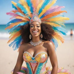 Adjust the previous image to enhance the aesthetic appeal: an African-American woman in a stunning carnival outfit, radiating joy and vibrancy against a soft pastel-hued background of the beach and the lively carnival.