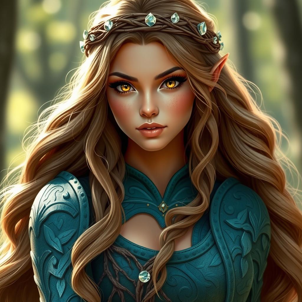 A 5'7" elven woman exuding grace and strength, with very long golden brown wavy hair cascading down her back