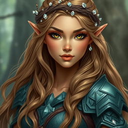 A 5'7" elven woman exuding grace and strength, with very long golden brown wavy hair cascading down her back