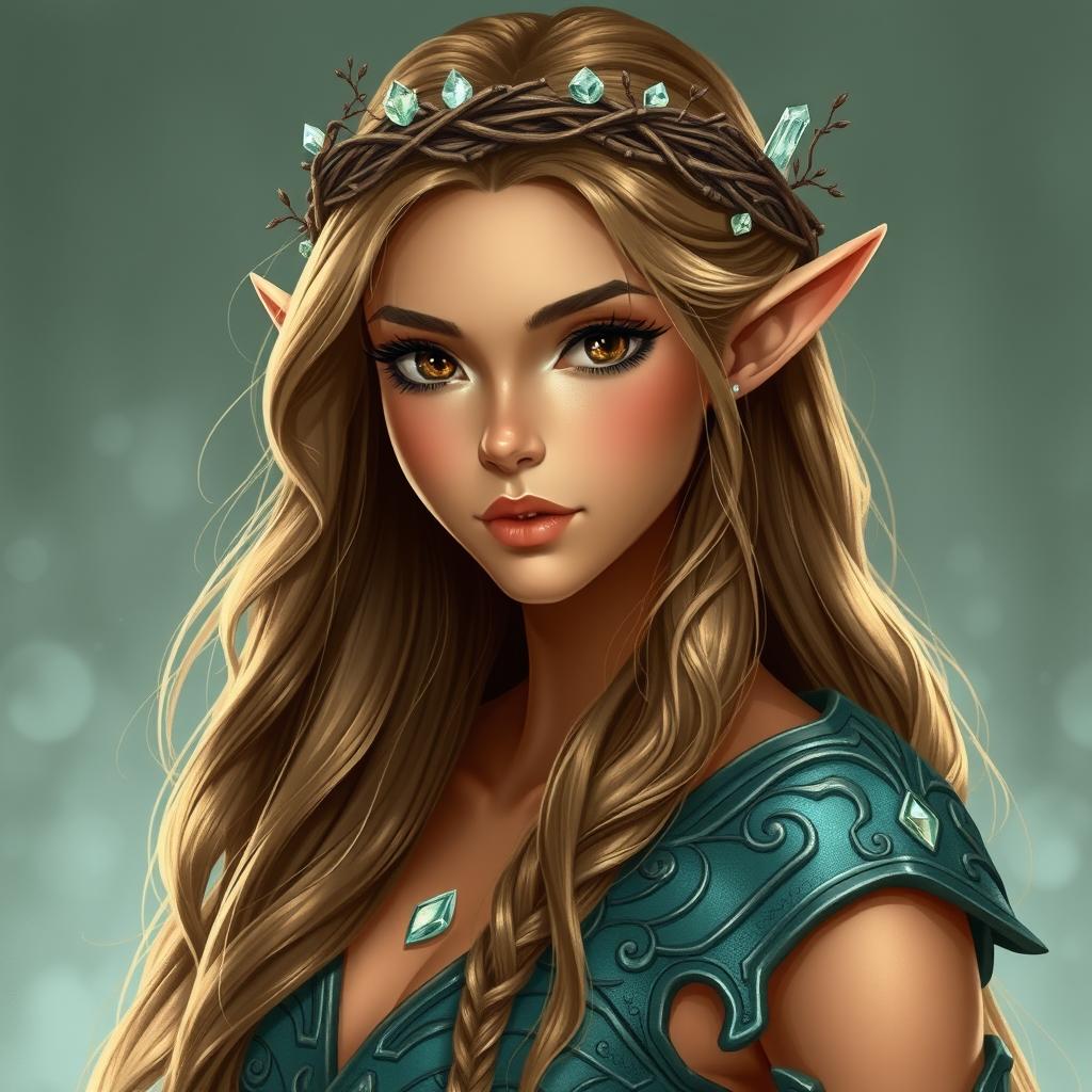 A 5'7" elven woman exuding grace and strength, with very long golden brown wavy hair cascading down her back