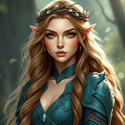 A 5'7" elven woman exuding grace and strength, with very long golden brown wavy hair cascading down her back