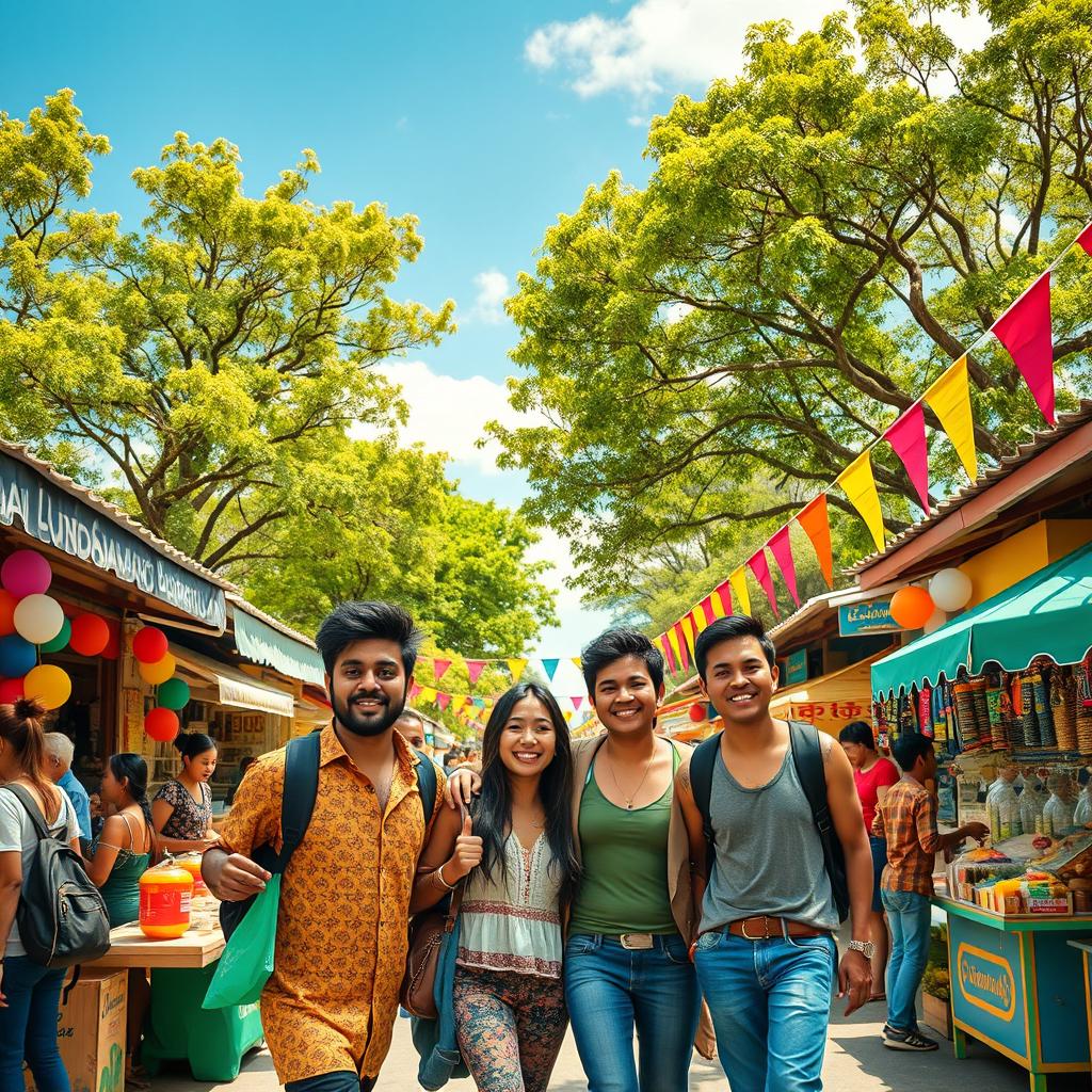 A vibrant and lively scene inspired by the movie 'Chalo por un día', featuring a group of friends embarking on an adventurous trip in a picturesque and colorful landscape