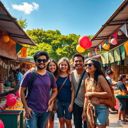 A vibrant and lively scene inspired by the movie 'Chalo por un día', featuring a group of friends embarking on an adventurous trip in a picturesque and colorful landscape