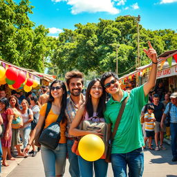 A vibrant and lively scene inspired by the movie 'Chalo por un día', featuring a group of friends embarking on an adventurous trip in a picturesque and colorful landscape