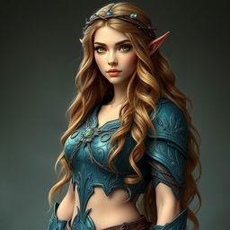 A full body portrait of a 5'7" young adult elven woman standing confidently