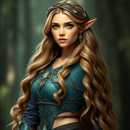 A full body portrait of a 5'7" young adult elven woman standing confidently