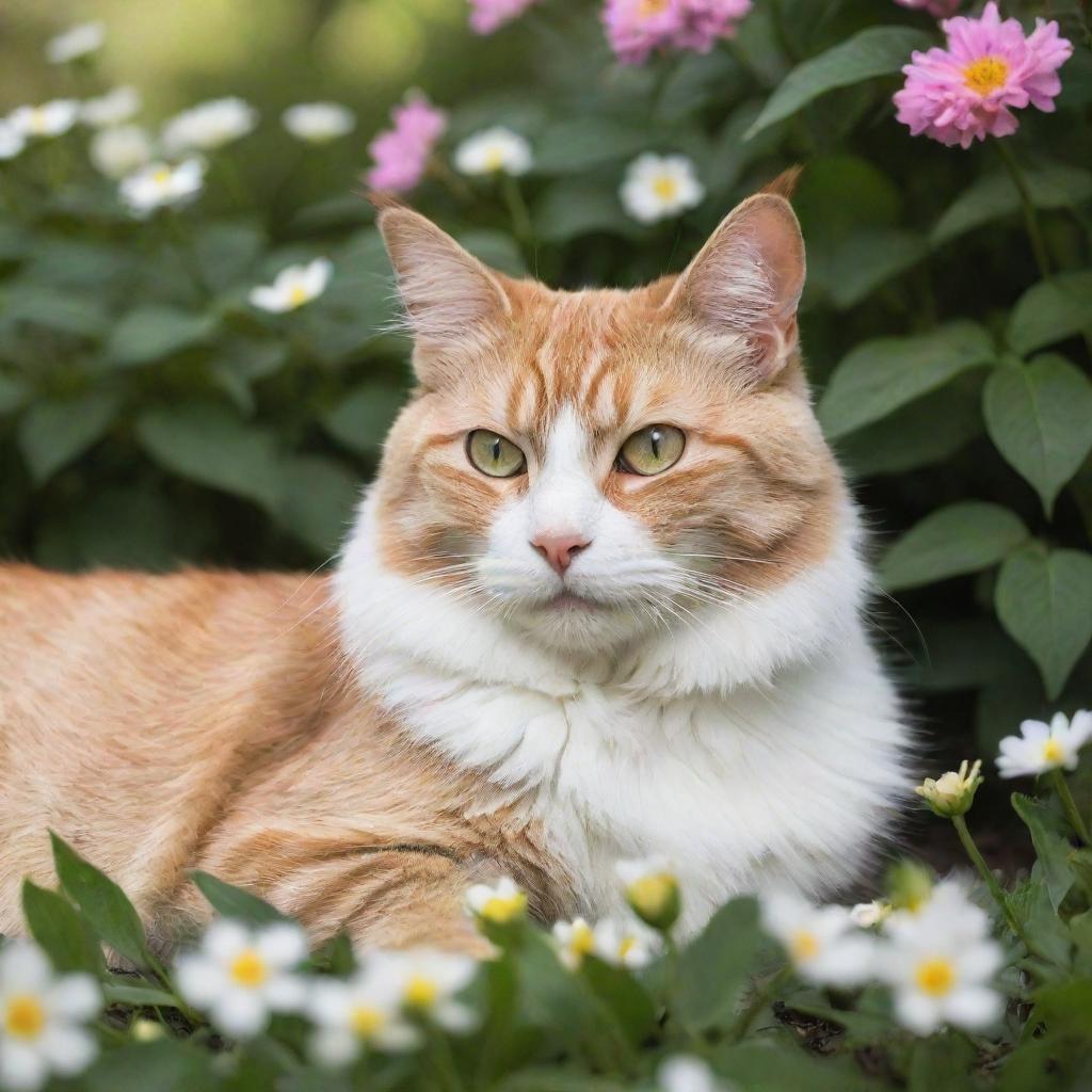 A cat with blooming flowers instead of fur, reclining in a serene garden.