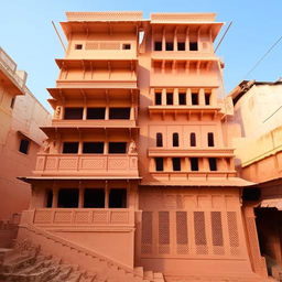 West-facing Indian-style building elevation, 22 feet wide and 40 feet tall, featuring a staircase and building entrance on the right side.