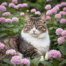 A cat with blooming flowers instead of fur, reclining in a serene garden.