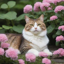 A cat with blooming flowers instead of fur, reclining in a serene garden.