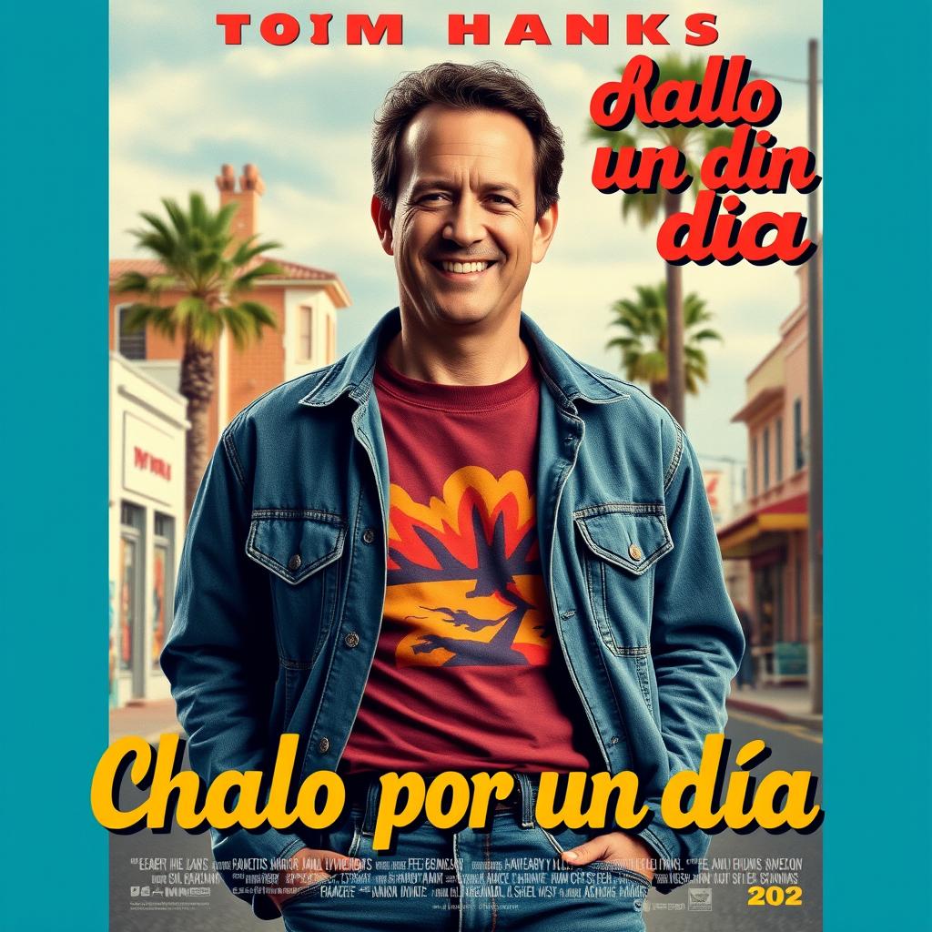 A retro movie poster for 'Chalo por un día', featuring a young Tom Hanks styled with an iconic 80s look