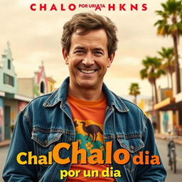 A retro movie poster for 'Chalo por un día', featuring a young Tom Hanks styled with an iconic 80s look