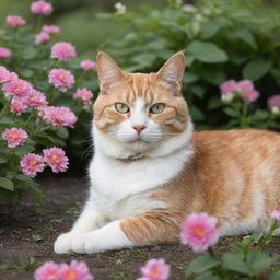 A cat with blooming flowers instead of fur, reclining in a serene garden.