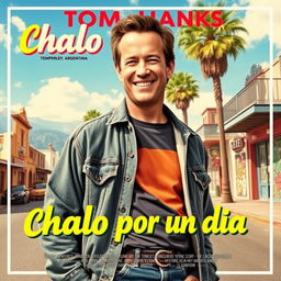 A retro movie poster for 'Chalo por un día', featuring a young Tom Hanks styled with an iconic 80s look