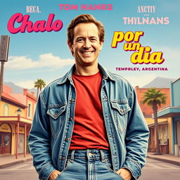 A retro movie poster for 'Chalo por un día', featuring a young Tom Hanks styled with an iconic 80s look