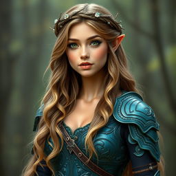 A full body portrait of a 5'7" young adult elven woman standing elegantly