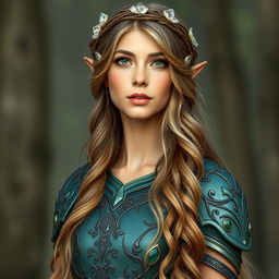 A full body portrait of a 5'7" young adult elven woman standing elegantly