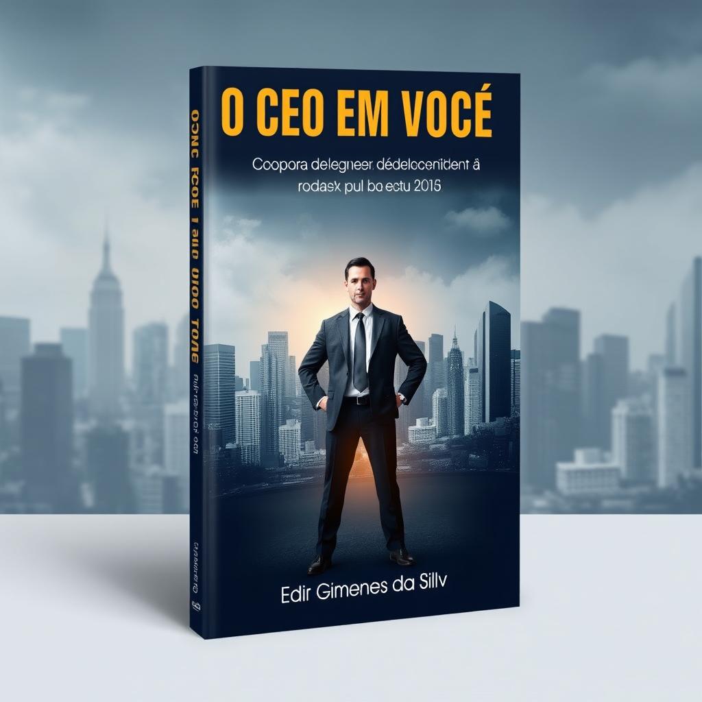 A captivating book cover design for "O Ceo em Você" featuring a strong, confident figure in a business suit standing at the center, symbolizing leadership and decision-making