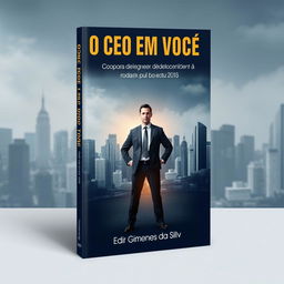 A captivating book cover design for "O Ceo em Você" featuring a strong, confident figure in a business suit standing at the center, symbolizing leadership and decision-making