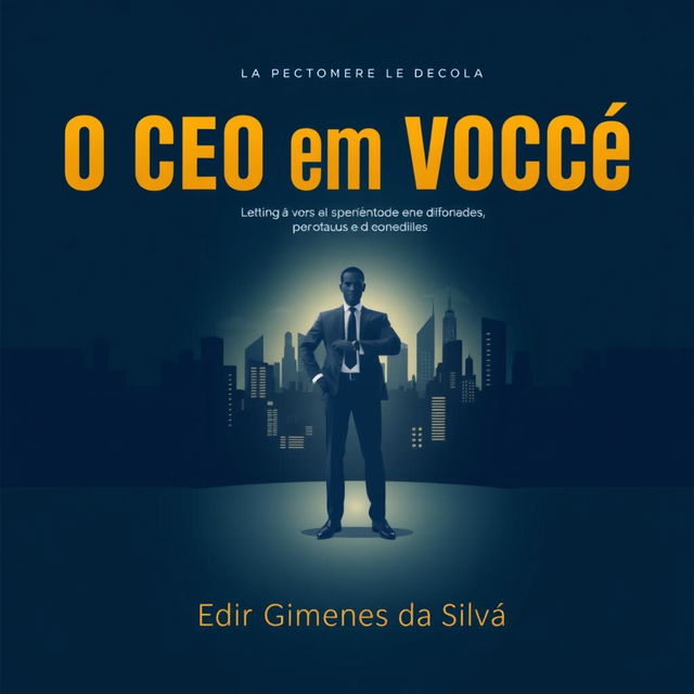 A captivating book cover design for "O Ceo em Você" featuring a strong, confident figure in a business suit standing at the center, symbolizing leadership and decision-making