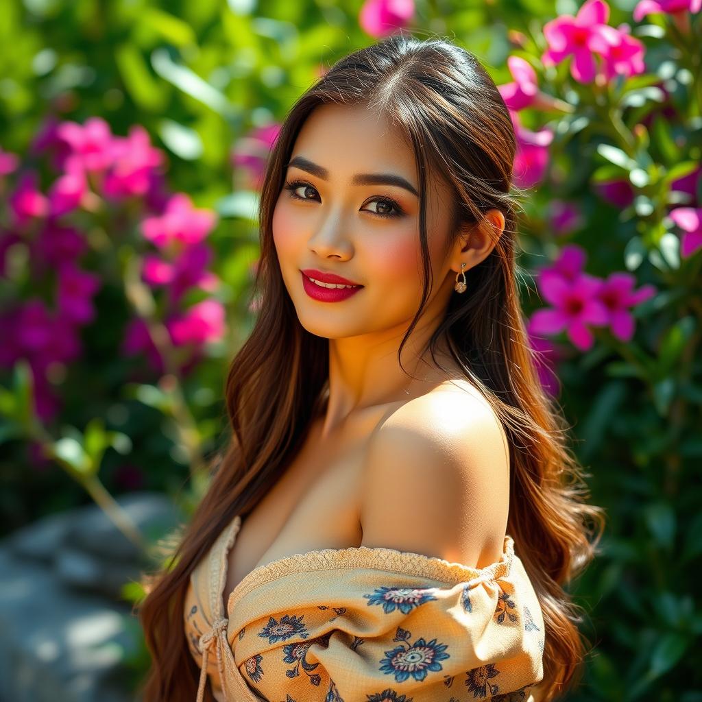 A beautiful Indonesian woman named Wanita with yellowish skin tone, elegantly posing in a scenic outdoor setting