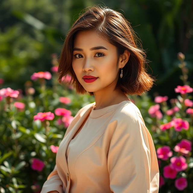 A beautiful Indonesian woman named Wanita with yellowish skin tone, elegantly posing in a scenic outdoor setting