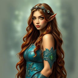 A full body portrait of a 5'7" young adult elven woman standing elegantly