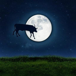 Whimsical scene of a cow effortlessly jumping over a bright, full moon in the crisp, star-studded night sky.