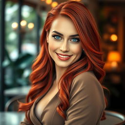 A stunning woman with vibrant red hair cascading down her shoulders, wearing a stylish outfit that accentuates her curves