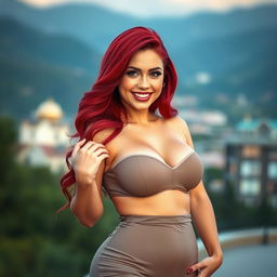 A stunning woman with vibrant red hair, showcasing her curvy figure accentuated by large breasts and a shapely bottom