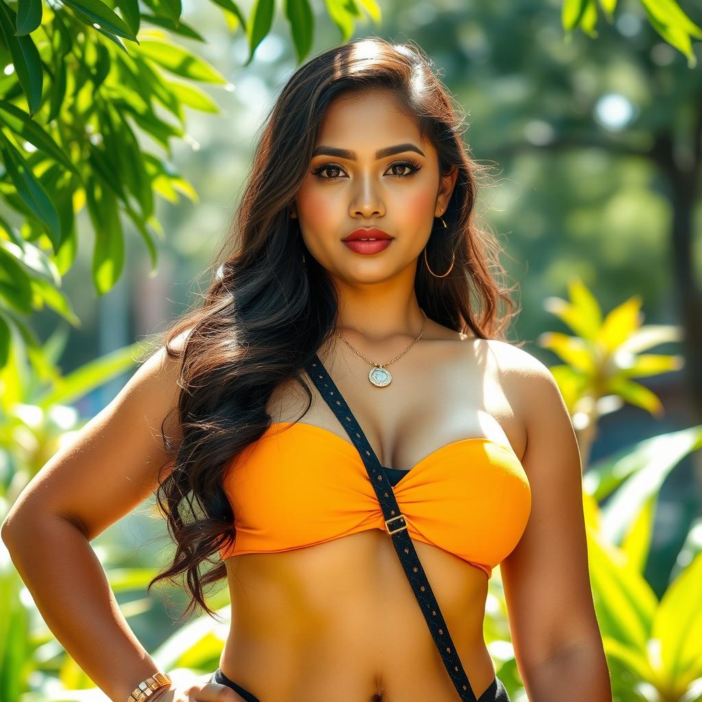 A striking Indonesian trans woman with a yellowish skin tone, confidently displaying her curvaceous figure in a vibrant outdoor setting surrounded by lush greenery