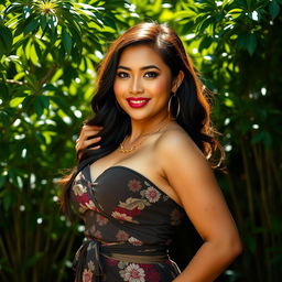 A striking Indonesian trans woman with a yellowish skin tone, confidently displaying her curvaceous figure in a vibrant outdoor setting surrounded by lush greenery