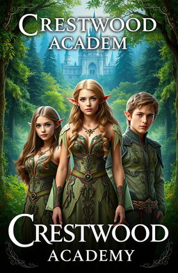 A captivating fantasy book cover for 'Crestwood Academy'