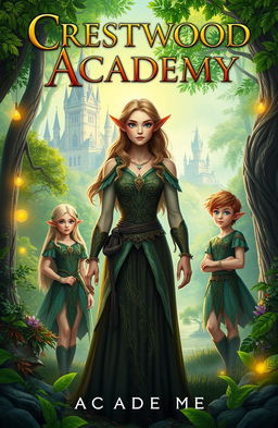 A fantasy book cover titled "Crestwood Academy" featuring a lush, enchanting forest in the background with a majestic castle visible in the distance