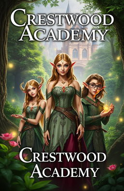 A fantasy book cover titled "Crestwood Academy" featuring a lush, enchanting forest in the background with a majestic castle visible in the distance