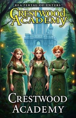 A fantasy book cover titled "Crestwood Academy" featuring a lush, enchanting forest in the background with a majestic castle visible in the distance