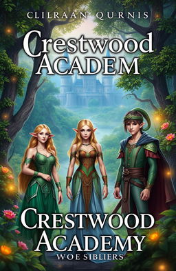 A fantasy book cover titled "Crestwood Academy" featuring a lush, enchanting forest in the background with a majestic castle visible in the distance