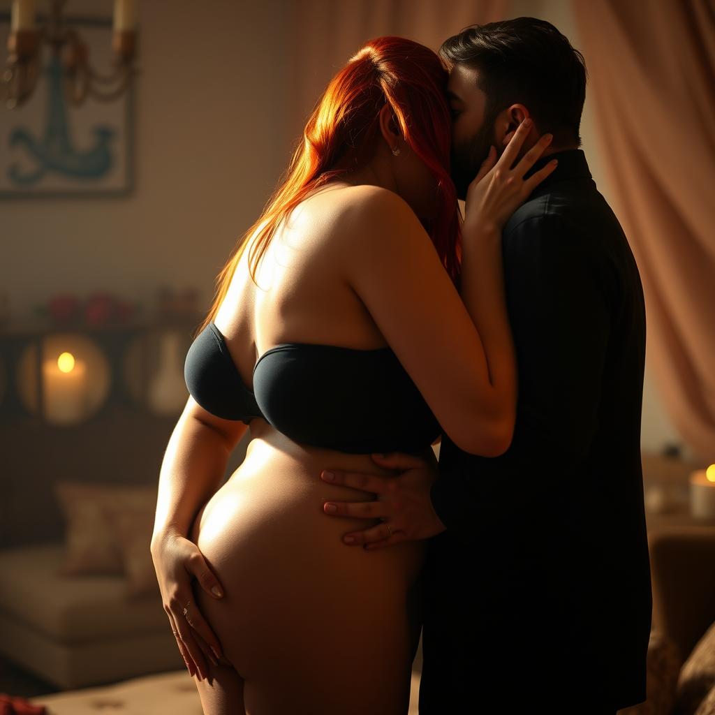 A passionate and intimate scene featuring a woman with striking red hair, known for her voluptuous figure including prominent breasts and a shapely bottom