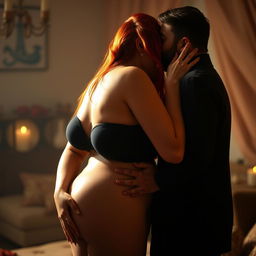 A passionate and intimate scene featuring a woman with striking red hair, known for her voluptuous figure including prominent breasts and a shapely bottom