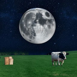 Whimsical scene of a cow effortlessly jumping over a bright, full moon in the crisp, star-studded night sky.