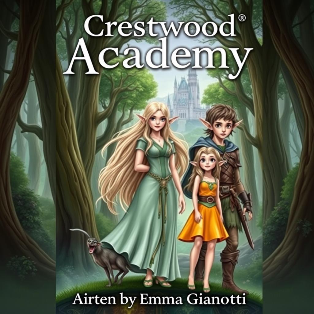 A fantasy book cover featuring the title "Crestwood Academy" at the top and the author's name, "Written by Emma Gianotti" at the bottom