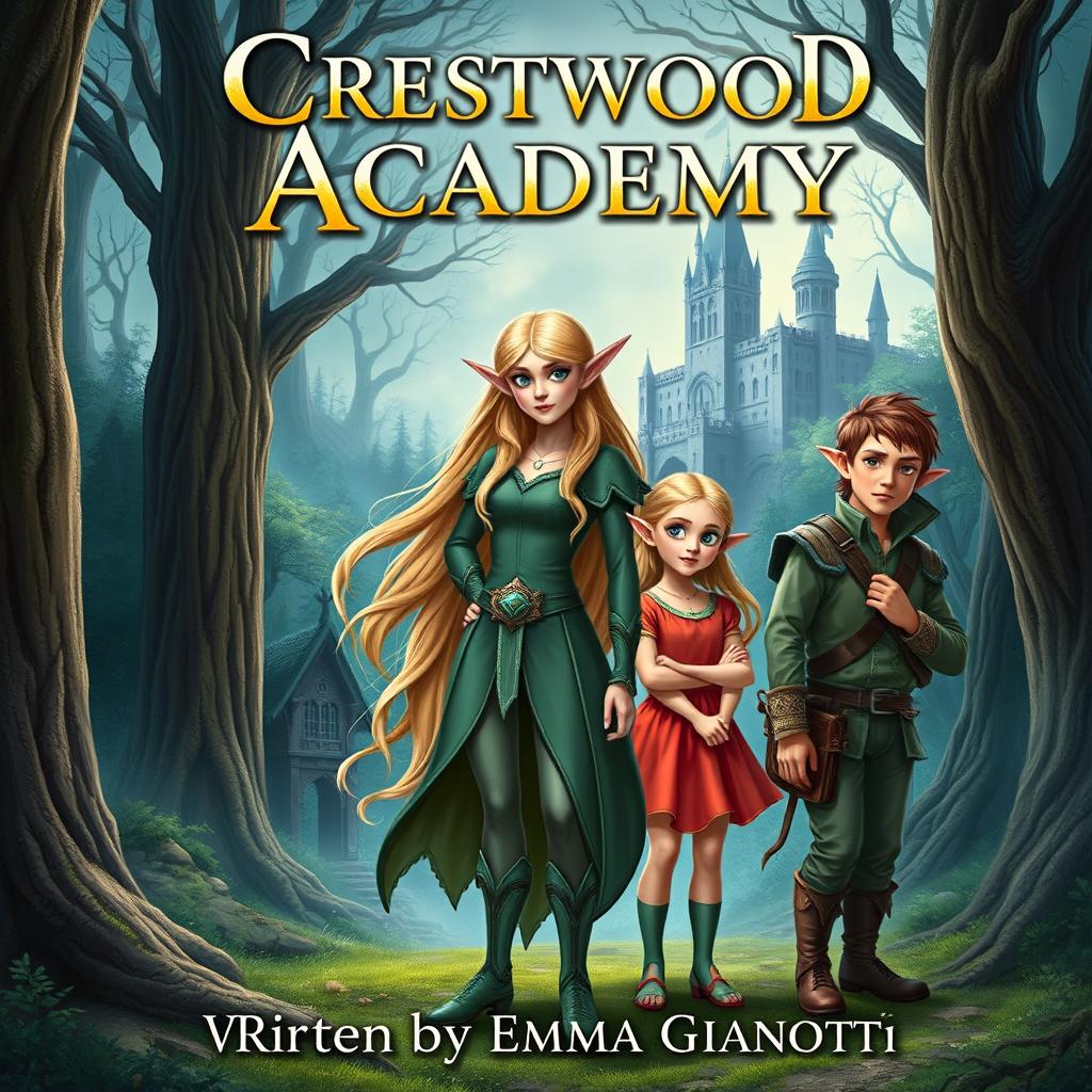 A fantasy book cover featuring the title "Crestwood Academy" at the top and the author's name, "Written by Emma Gianotti" at the bottom