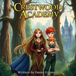 A fantasy book cover featuring the title "Crestwood Academy" at the top and the author's name, "Written by Emma Gianotti" at the bottom