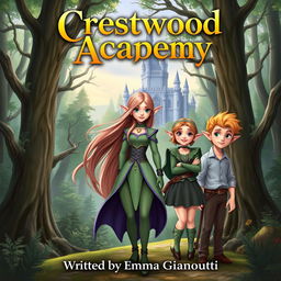 A fantasy book cover featuring the title "Crestwood Academy" at the top and the author's name, "Written by Emma Gianotti" at the bottom