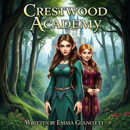 A fantasy book cover displaying the title "Crestwood Academy" prominently at the top and the author's name, "Written by Emma Gianotti" at the bottom