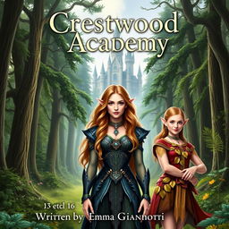 A fantasy book cover displaying the title "Crestwood Academy" prominently at the top and the author's name, "Written by Emma Gianotti" at the bottom