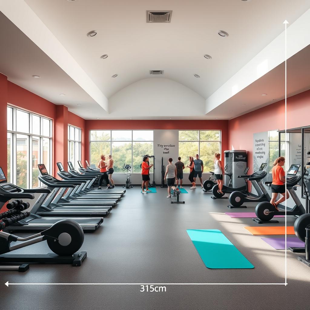 A multifunctional space designed as a gym, showcasing a spacious interior with dimensions of 315cm in height and 325cm in width, featuring various workout equipment such as treadmills, weights, and yoga mats