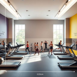 A multifunctional space designed as a gym, showcasing a spacious interior with dimensions of 315cm in height and 325cm in width, featuring various workout equipment such as treadmills, weights, and yoga mats