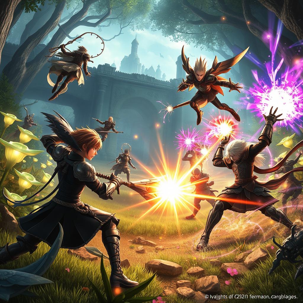 A striking scene depicting characters from Final Fantasy XVI engaged in an epic battle